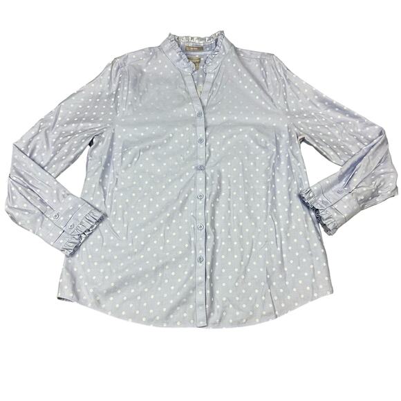 Chicos Size 1/ US 8/10 Womens Blue Non Iron Cotton Ruffle Dot Button Up Shirt - Picture 1 of 7